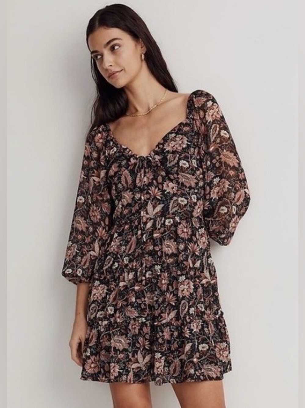 Madewell Black Mini Dress with Blush Floral Print